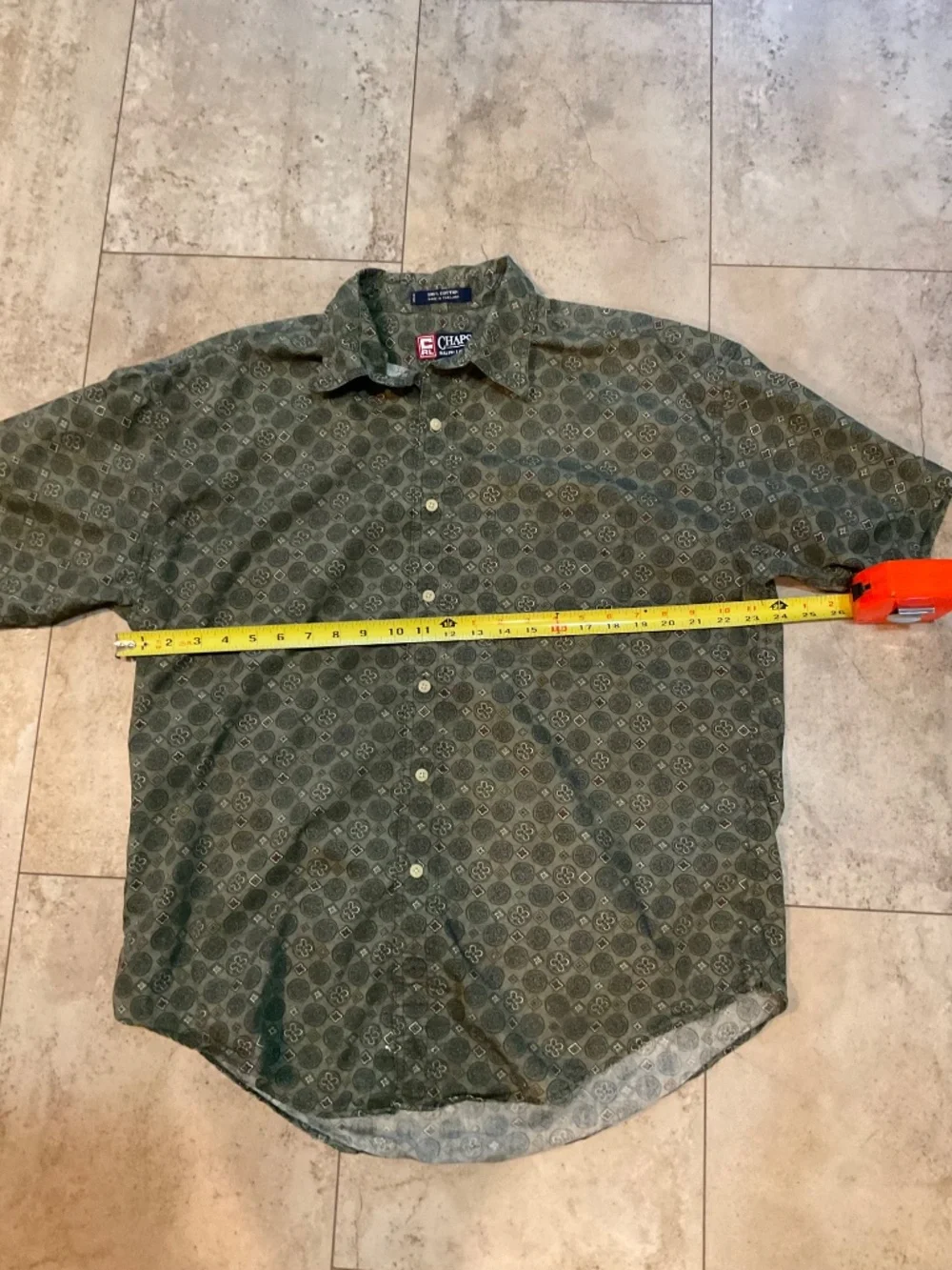 Chaps Ralph Lauren Men’s Shirt L Geometric Print Button Short Sleeve OliveGreen
